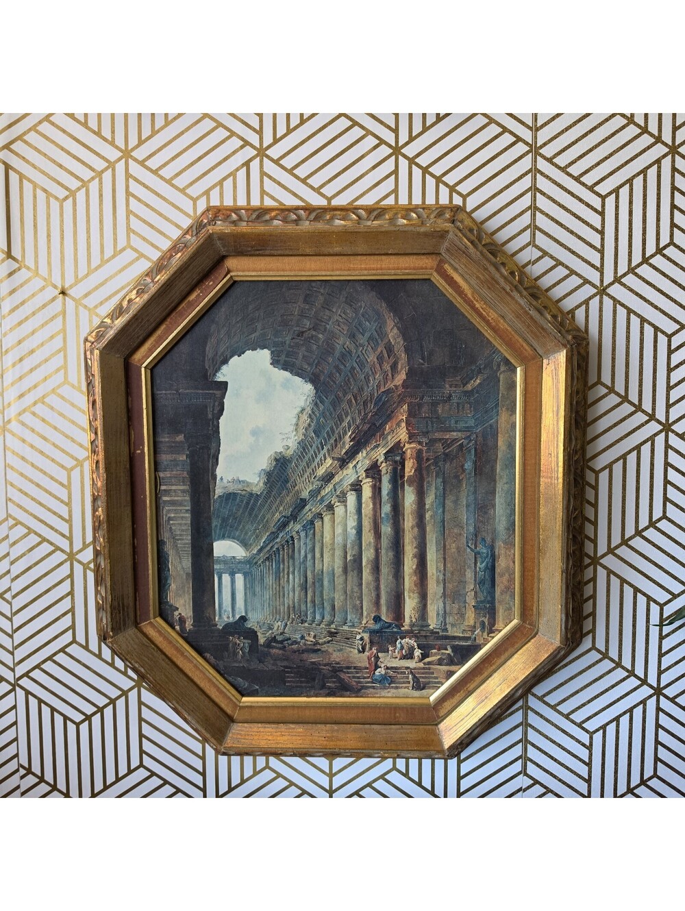 Vintage 1960s Hubert Robert The Old Temple Arch Ruin Lithograph Octagon Frame
